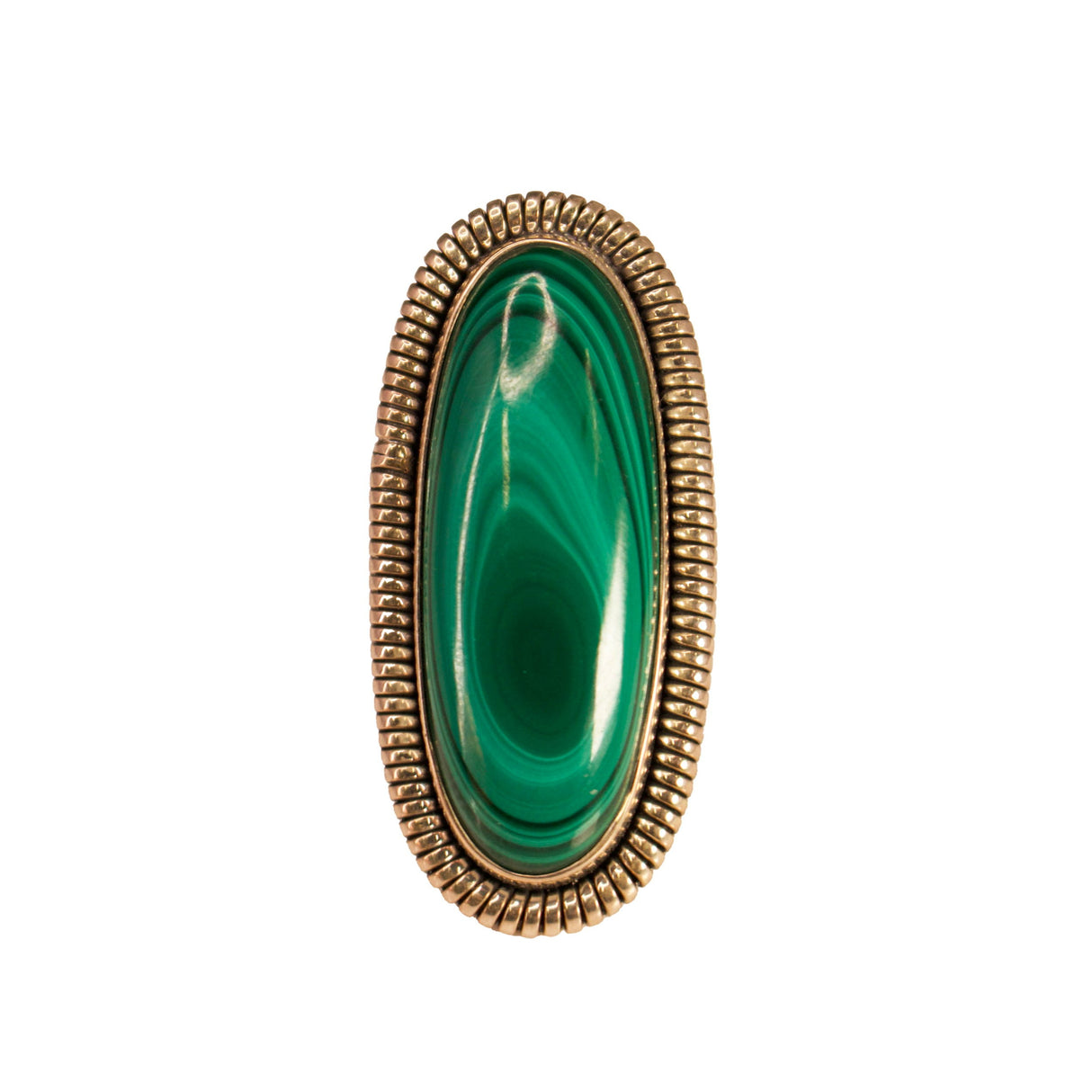 Malachite Ring - Elongated Oval Cabochon With 925 Sterling Silver Rope Bezel Edge On Double Band Sz6