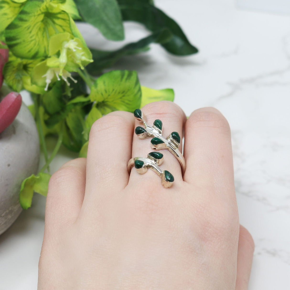 Malachite Ring - 8 Dainty Pear Cabochons in 925 Sterling Silver Bezels with Wrapping Ivy Design