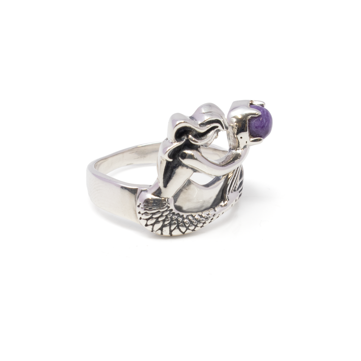 Sugilite Ring - Round Cabochon Held By 925 Sterling Silver Ornate Mermaid Sz10