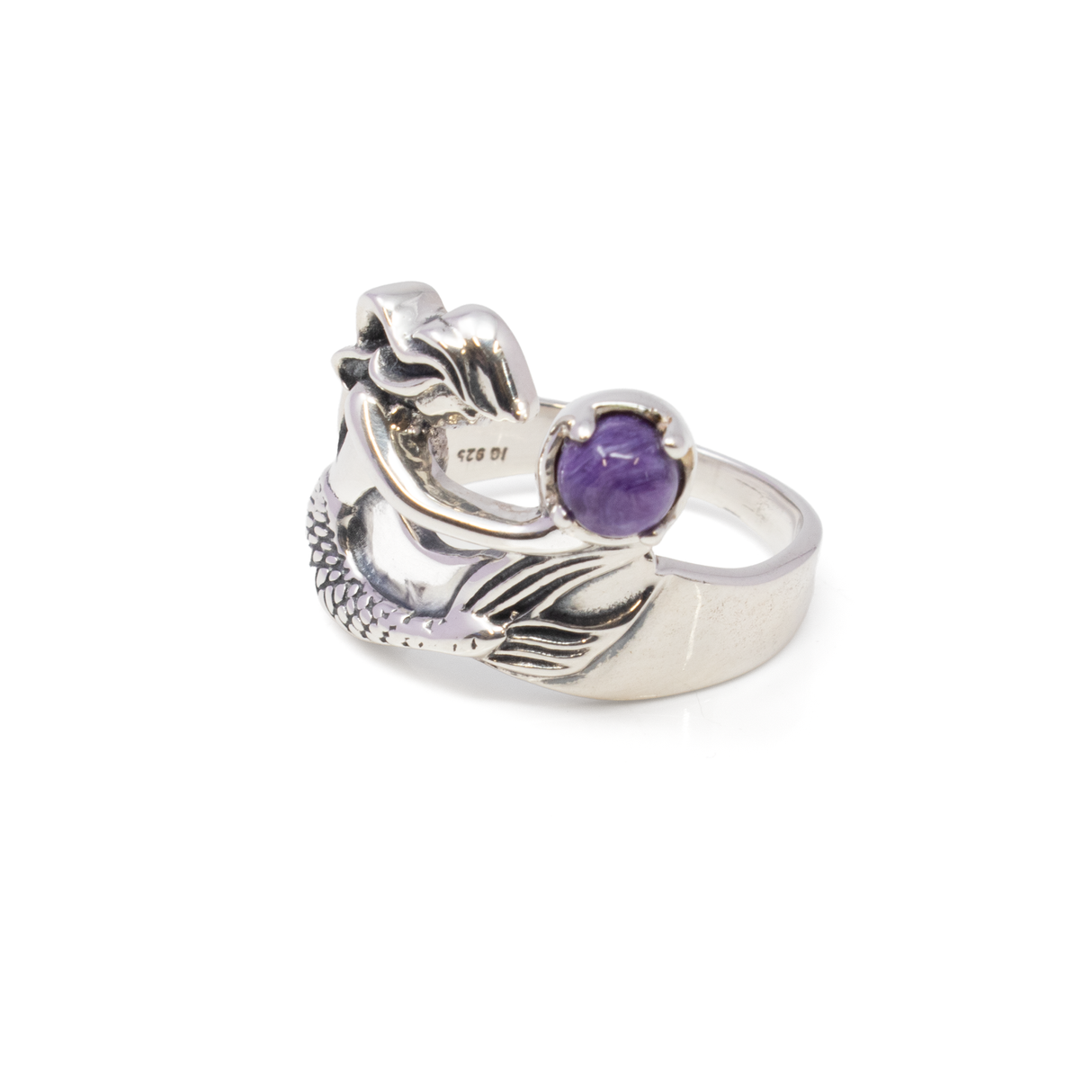 View of Sugilite Ring - Round Cabochon Held By 925 Sterling Silver Ornate Mermaid Sz10