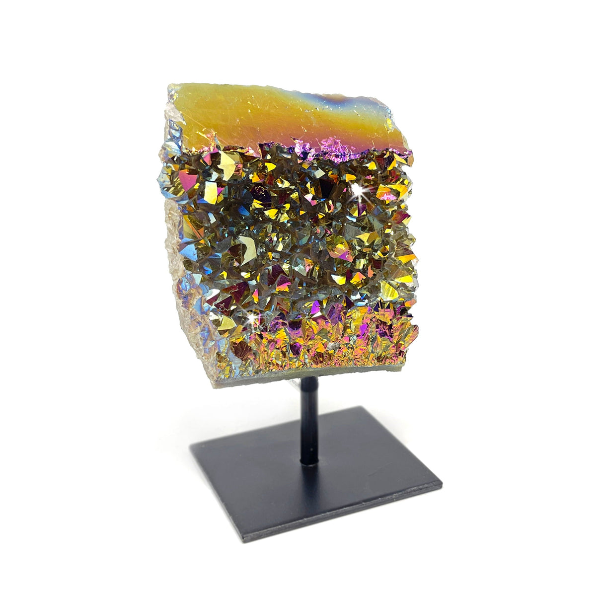 Rainbow Aura Coated Crystal Cluster on a Post Stand - Concave Rectangular Face with Smooth Top