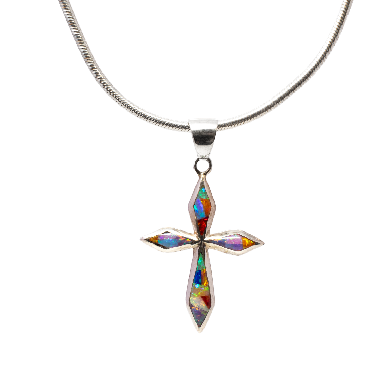 Multi Fire Opal Inlay Cross Pendant - Geometric Inlay Set in Dainty 925 Sterling Silver Cross with Tapered Arms