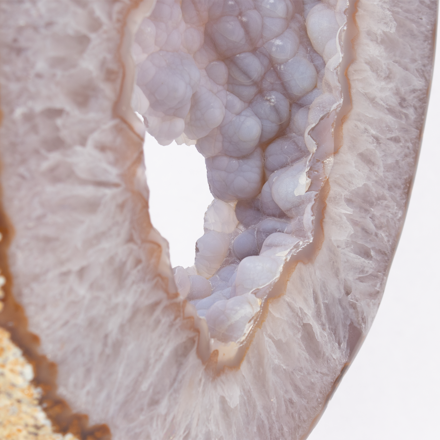 Rose De France with Carnelian Agate Geode Ring on Fitted Rotating Stand with Botryoidal Agate Pie in Center