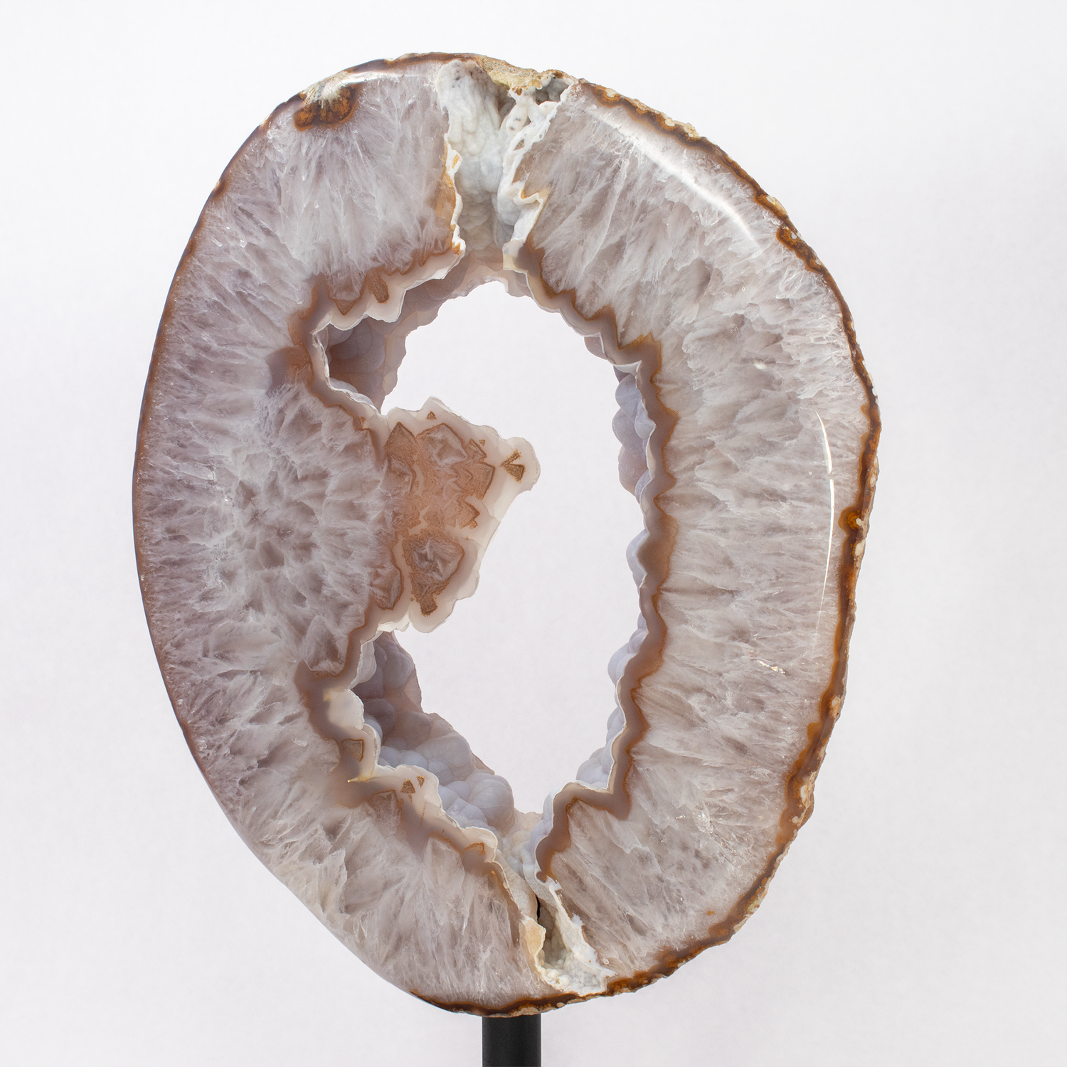 Rose De France with Carnelian Agate Geode Ring on Fitted Rotating Stand with Botryoidal Agate Pie in Center