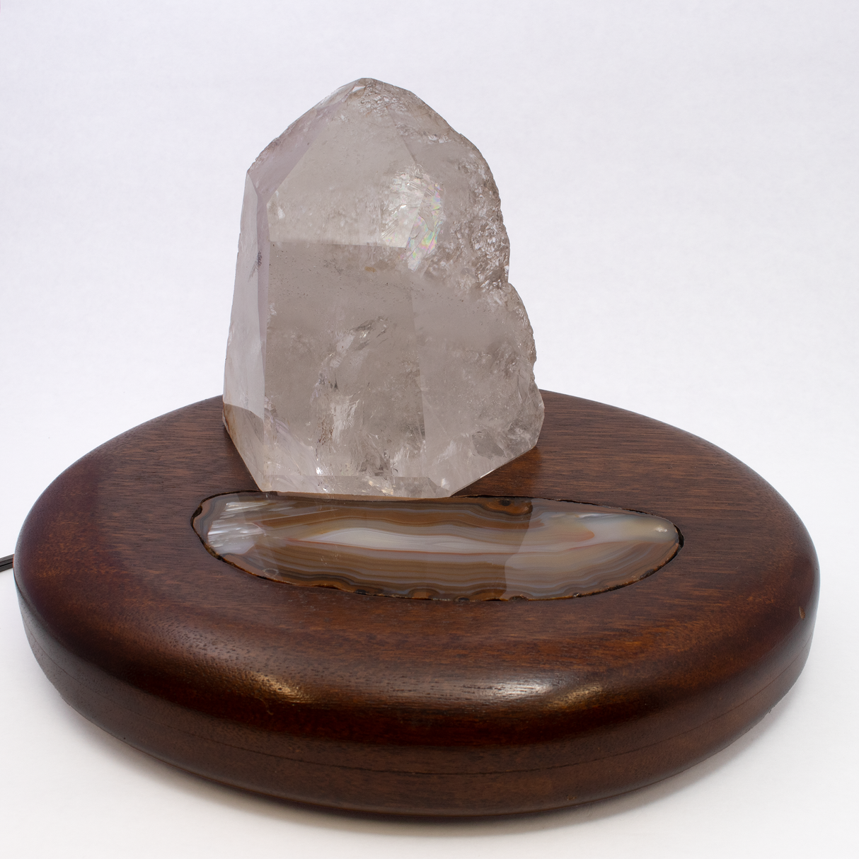 View of Brazilian Quartz Point & Agate Slice Crystal Power Luminary With Wood Base