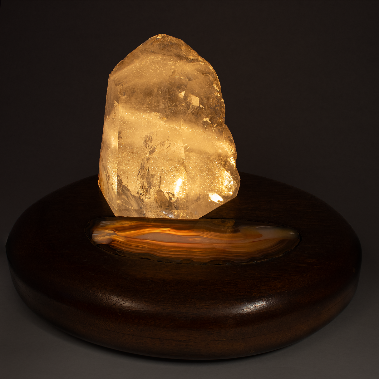 Brazilian Quartz Point & Agate Slice Crystal Power Luminary With Wood Base