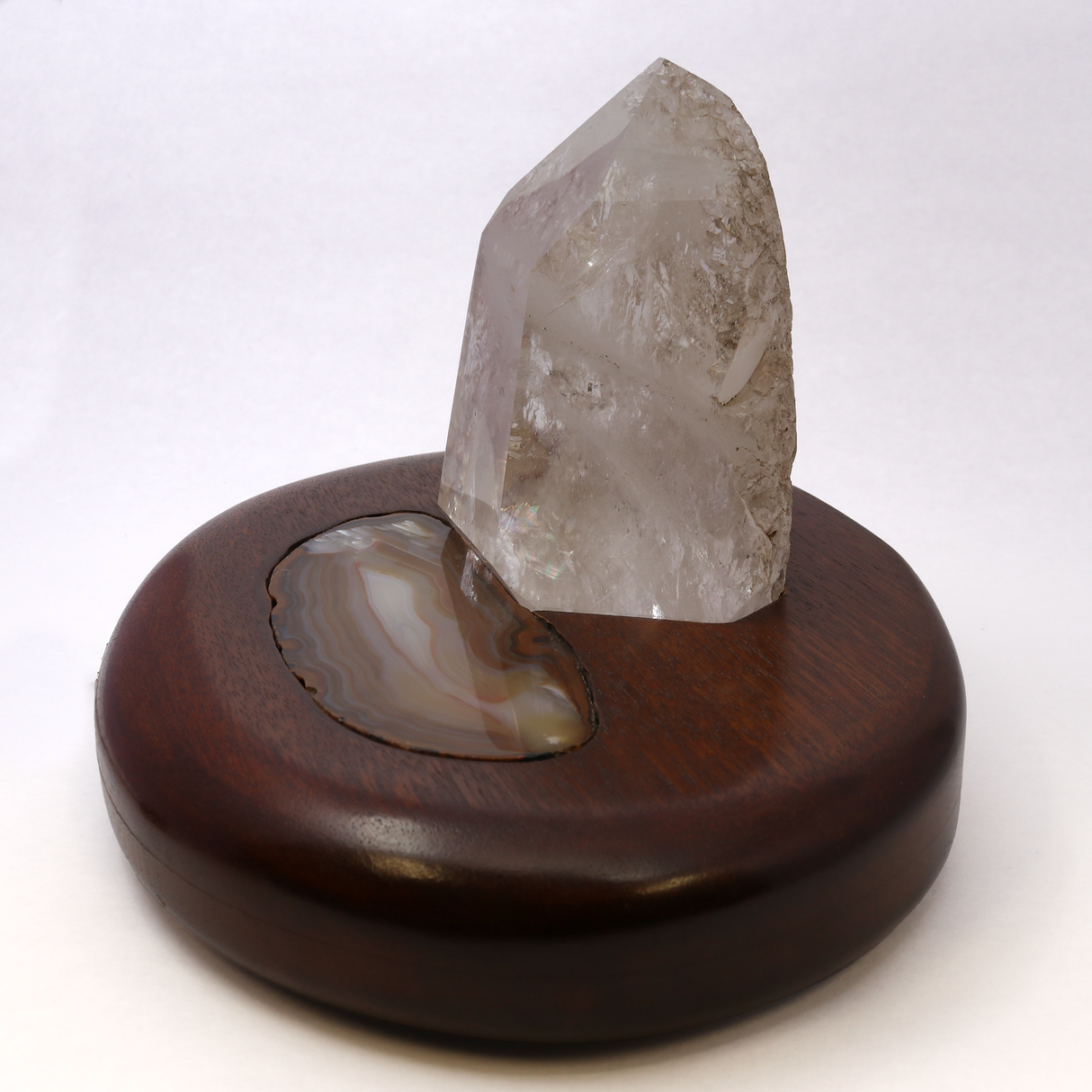 Brazilian Quartz Point & Agate Slice Crystal Power Luminary With Wood Base