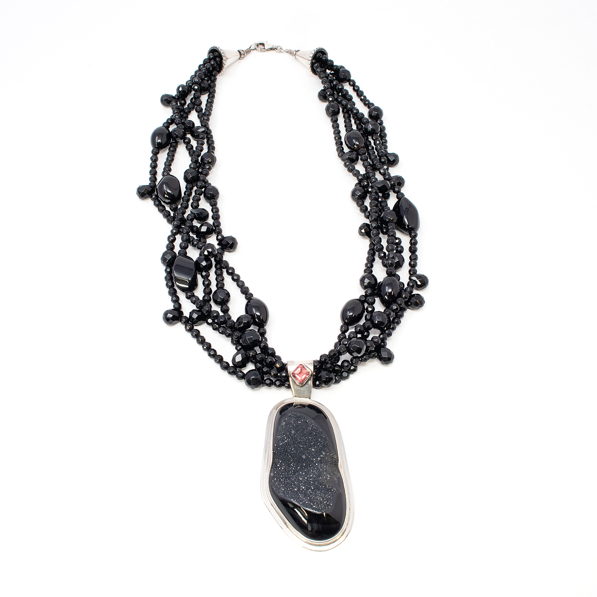 Faceted Black Onyx Beaded Necklace with Black Druze & Pink Tourmaline Pendant