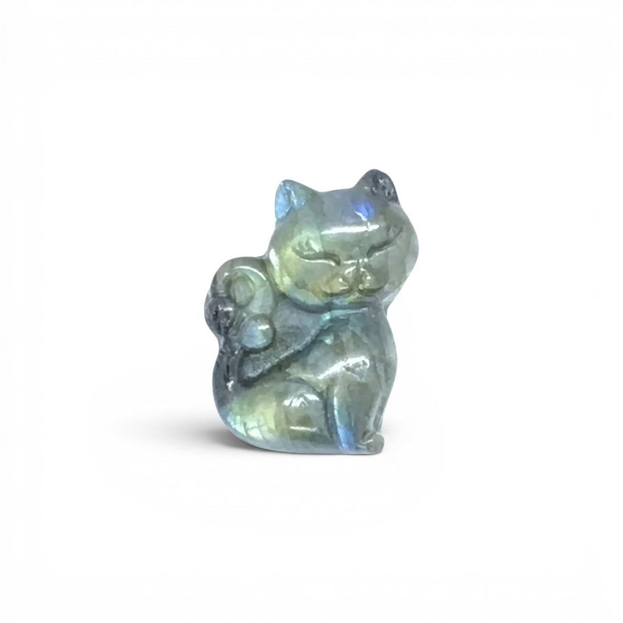 View of A+ Quality Labradorite Kitty Cat Carving with Flat Back