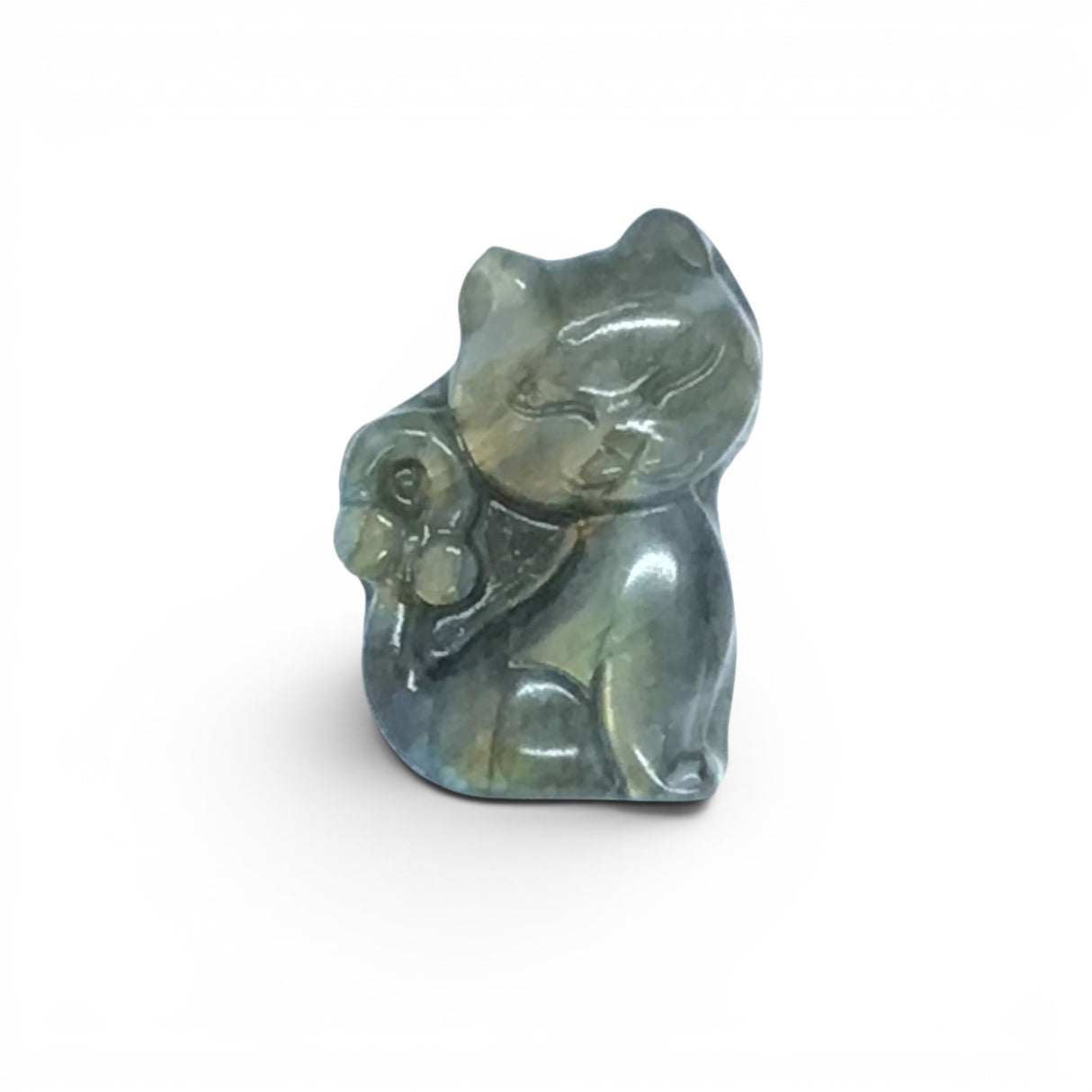 View of A+ Quality Labradorite Kitty Cat Carving with Flat Back