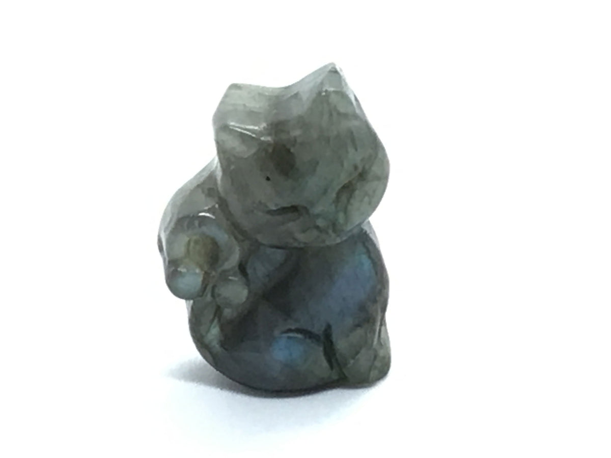 View of A+ Quality Labradorite Kitty Cat Carving with Flat Back