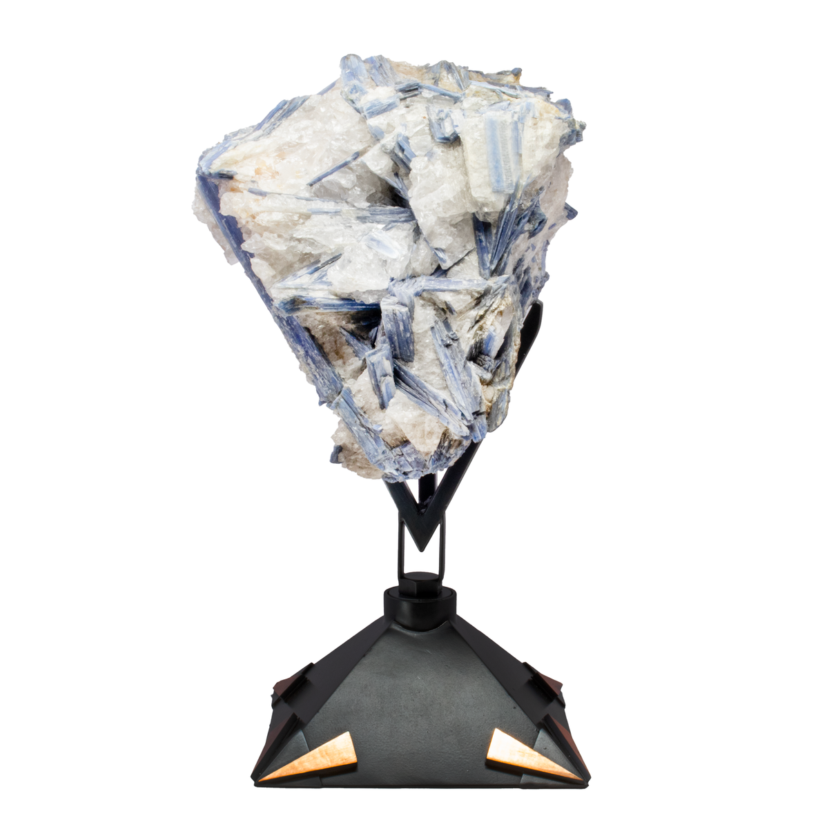 View of Kyanite Crystal Cluster in Custom Design Stand with 2-Tone Patina