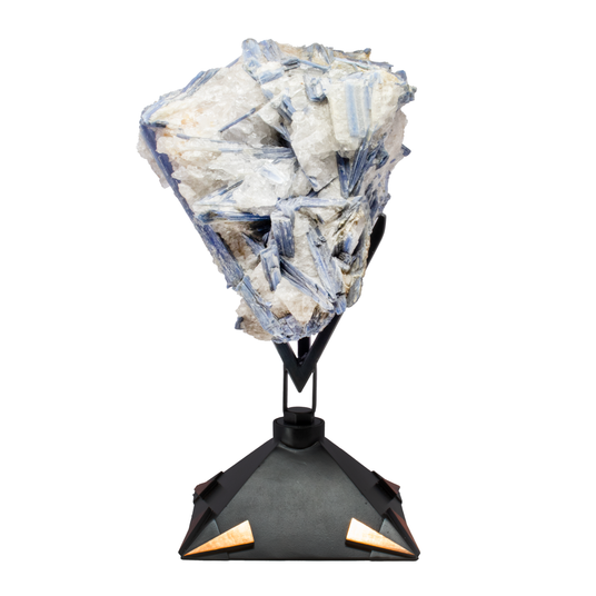 View of Kyanite Crystal Cluster in Custom Design Stand with 2-Tone Patina
