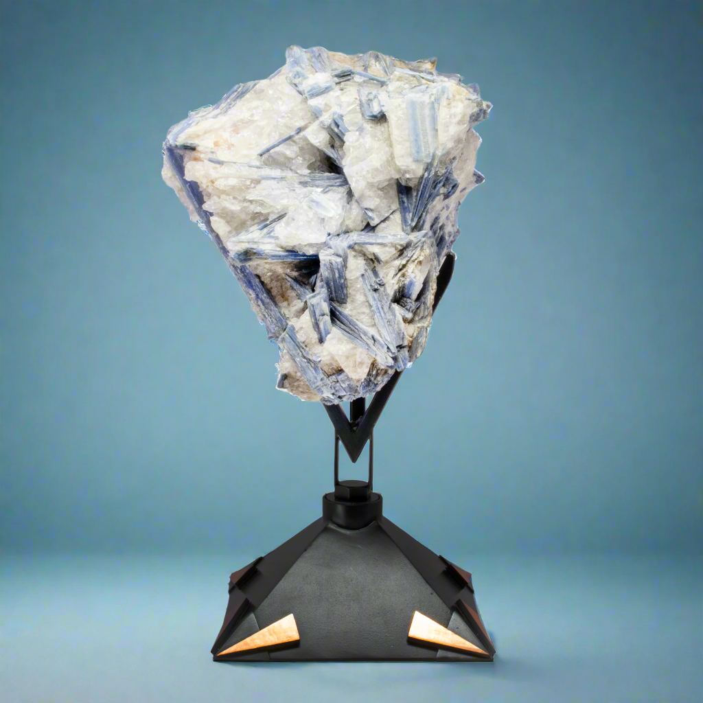 Kyanite Crystal Cluster in Custom Design Stand with 2-Tone Patina