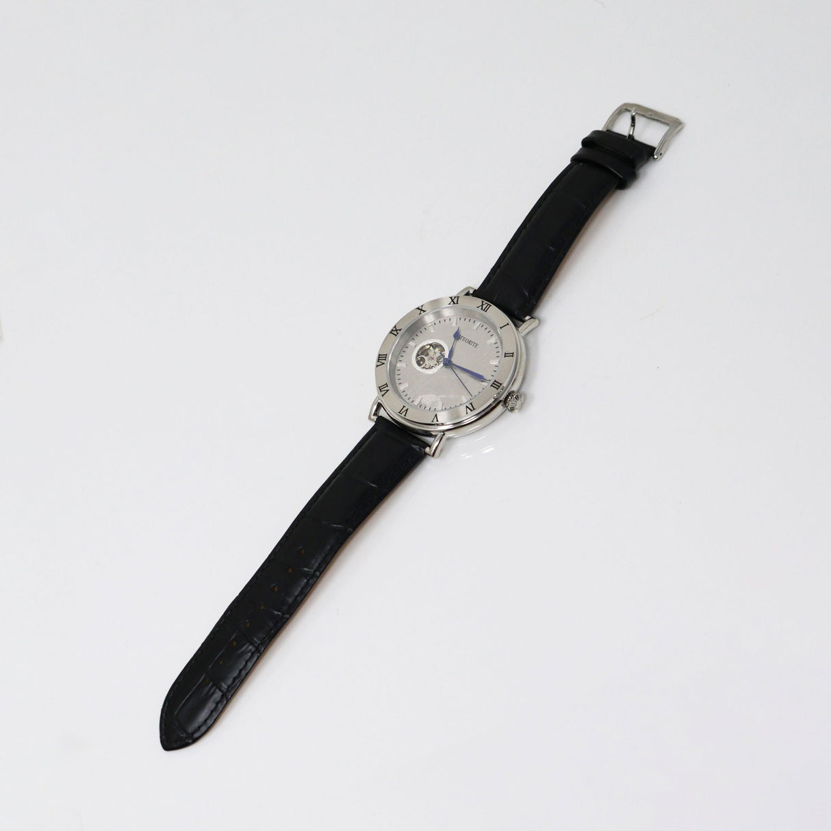 Muonionalusta Meteorite Watch - Miyota Movement with Black leather Band & Cobalt Blue Hands - Roman Numeral Time Stamps