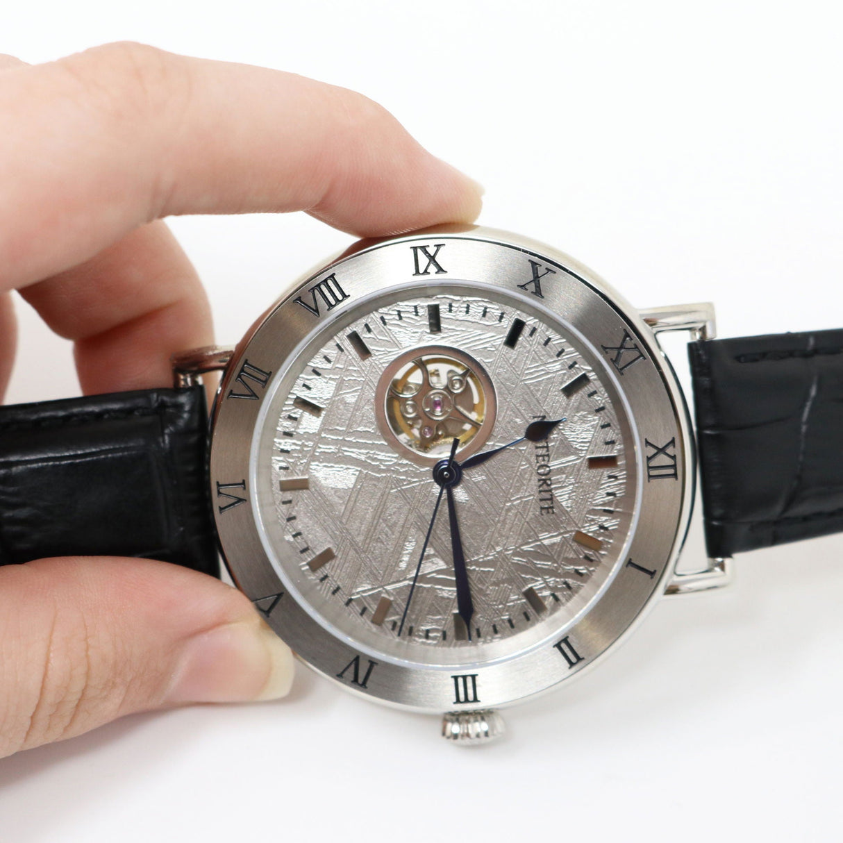 Muonionalusta Meteorite Watch - Miyota Movement with Black leather Band & Cobalt Blue Hands - Roman Numeral Time Stamps