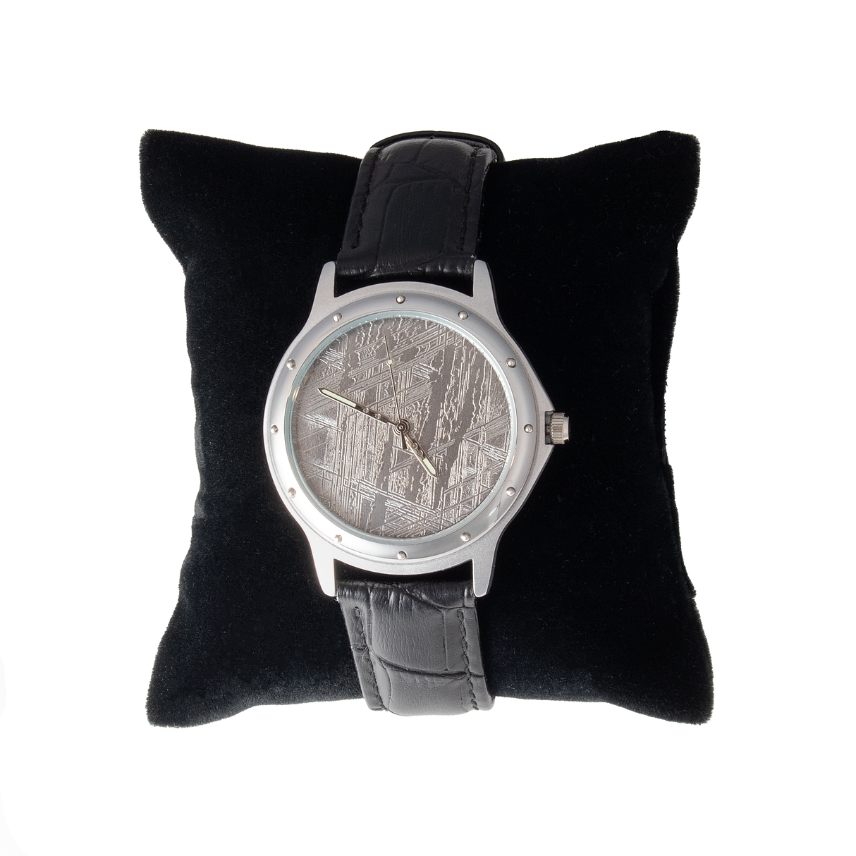 View of Muonionalusta Meteorite Watch - Automatic with Black Leather Band and White Gold IP Plating