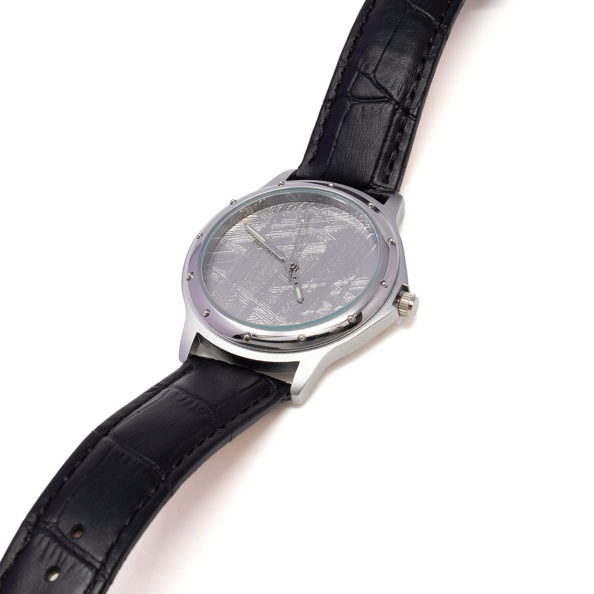 Muonionalusta Meteorite Watch - Automatic with Black Leather Band and White Gold IP Plating