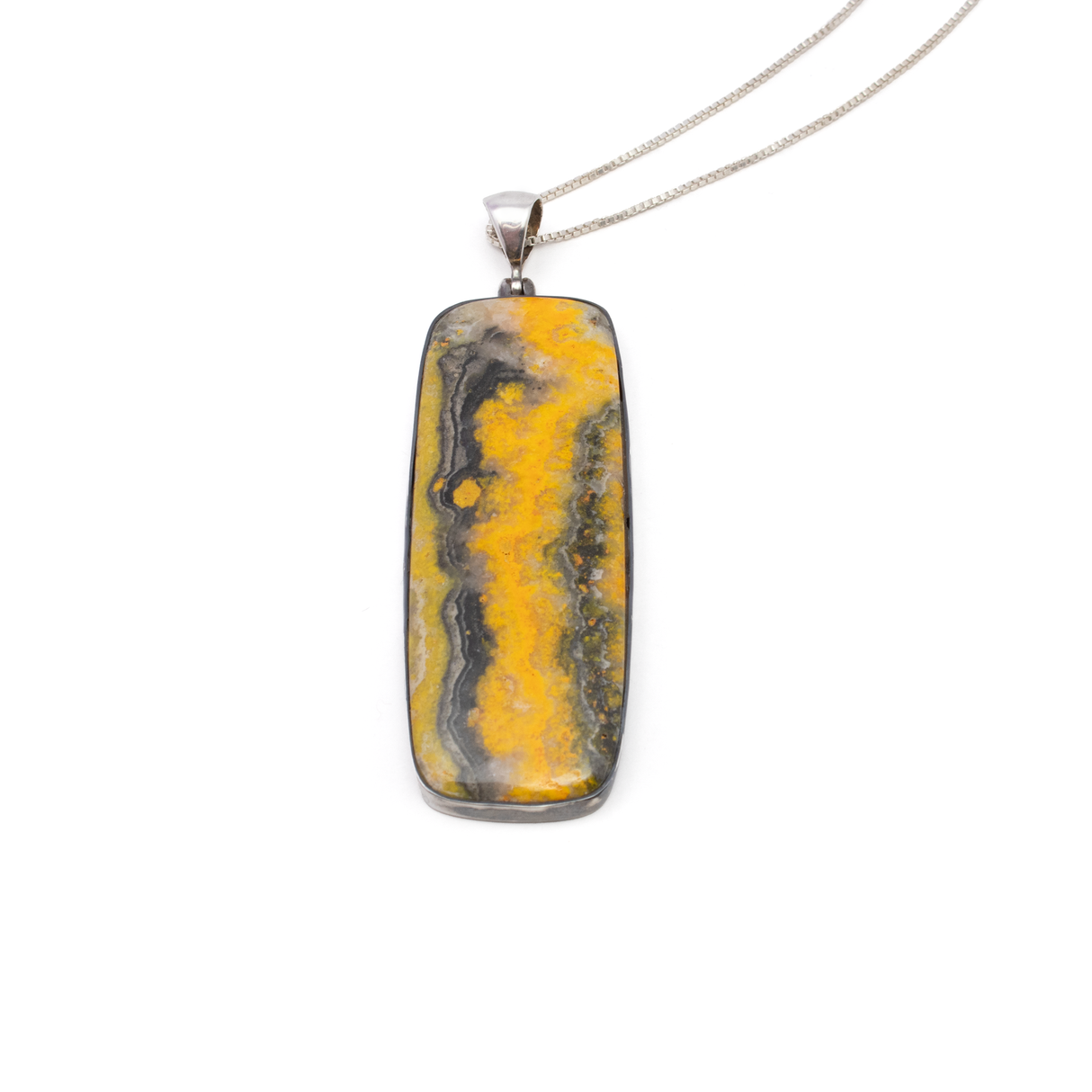 View of Bumblebee Jasper Pendant - Elongated Rectangle Cabochon with 925 Sterling Silver Bezel 3\"+