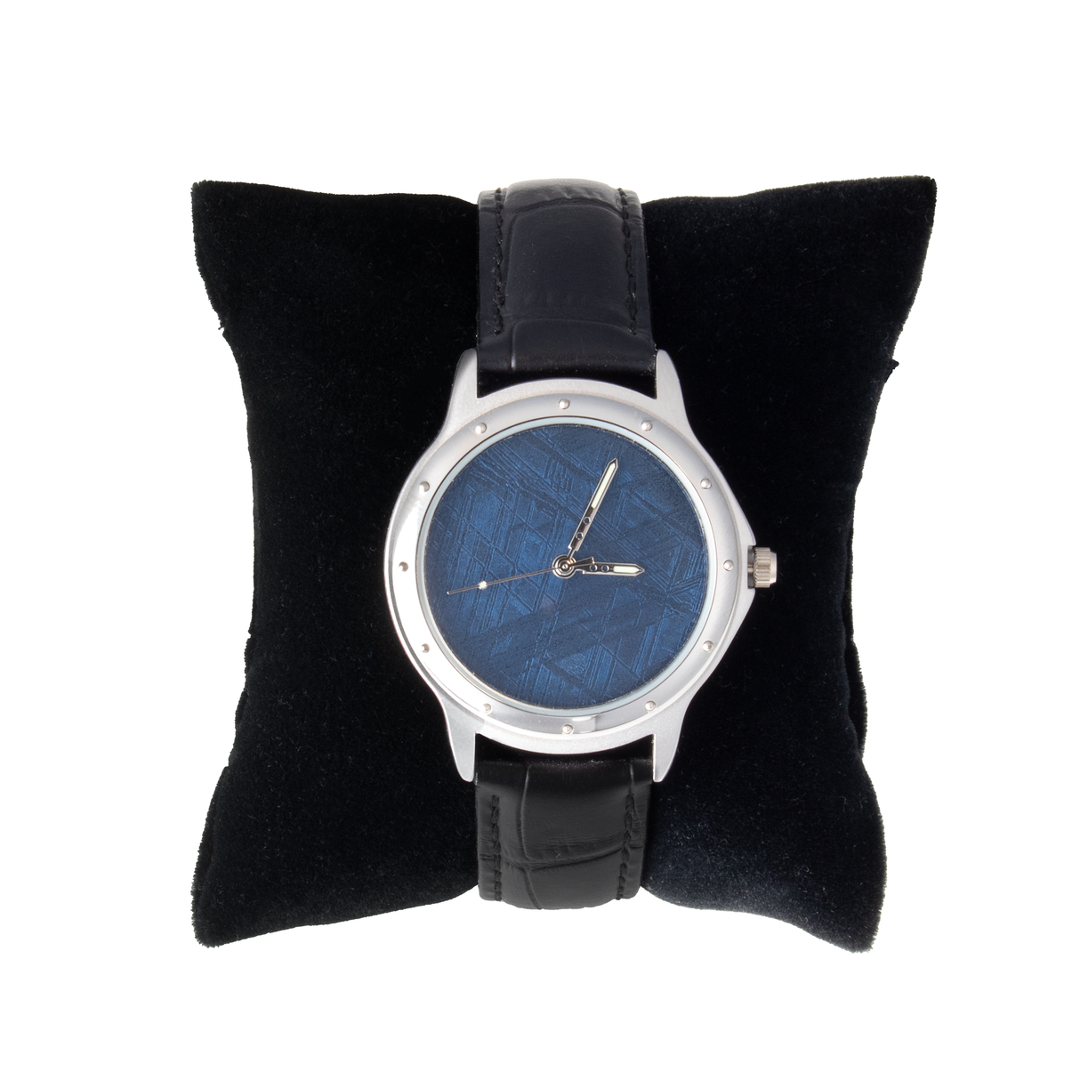 View of Muonionalusta Meteorite Watch - Automatic with Black Leather Band and Blue IP Plating