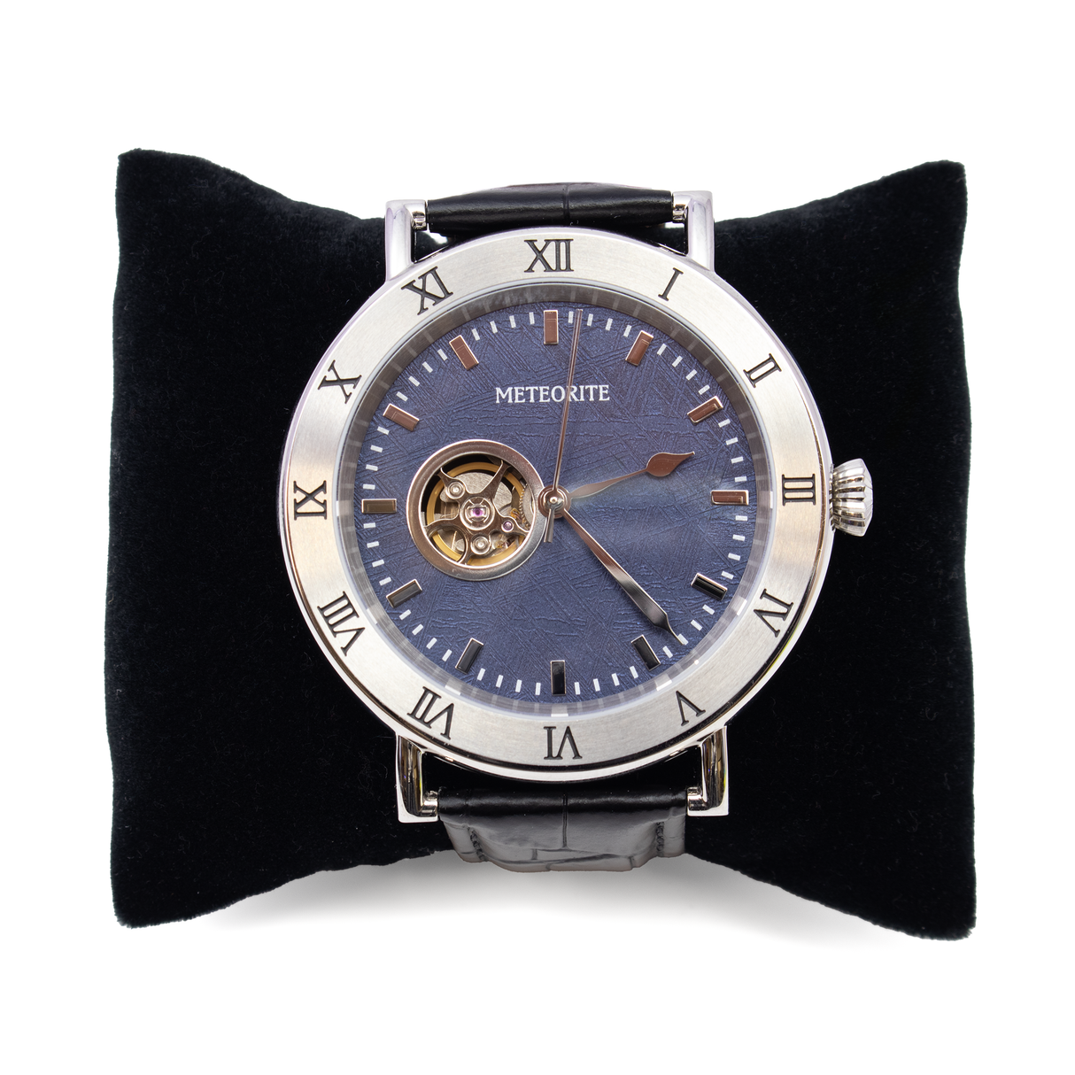 View of Muonionalusta Meteorite Watch - Miyota Movement with Black Leather Band and Blue IP Plating