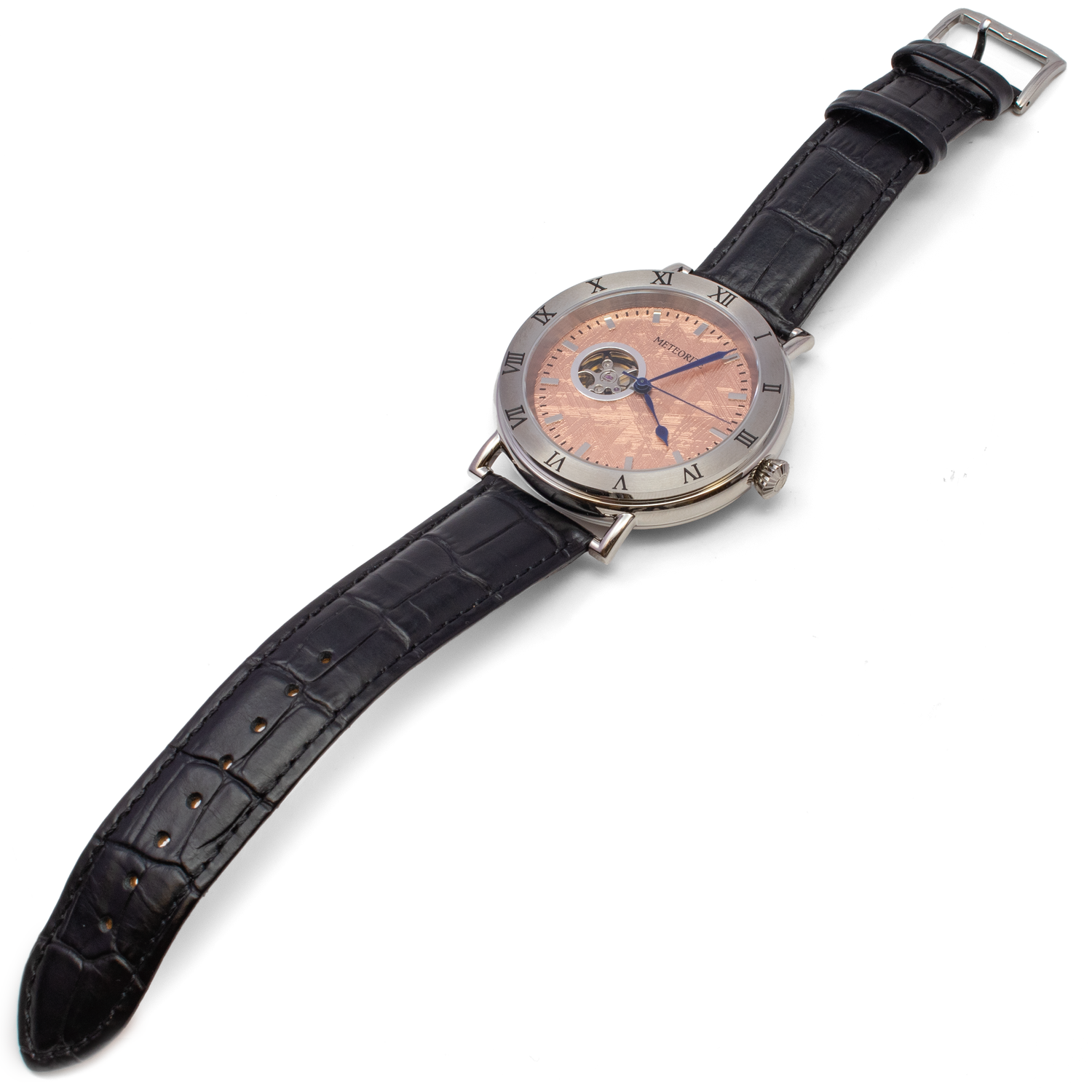 Muonionalusta Meteorite Watch - Miyota Movement with Black Leather Band and Rose Gold IP Plating