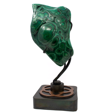 View of Brilliant Chrysocolla Malachite Freeform on Rotating Custom Stand with Copper Quatrafoil Design