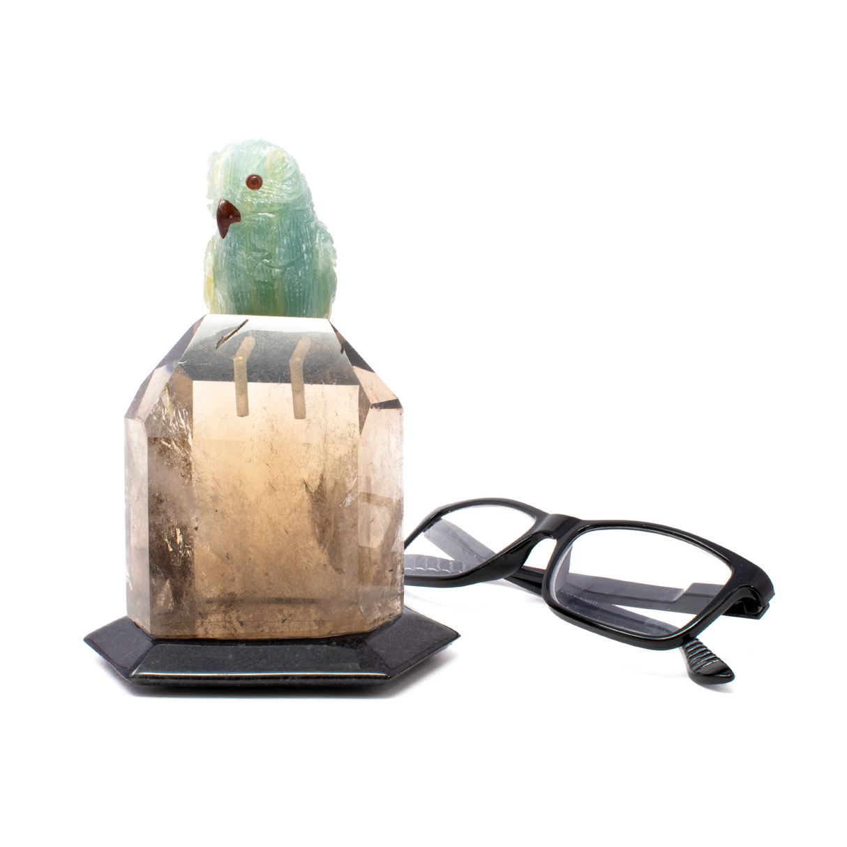 Aquamarine Owl Carving Perched on Smoky Quartz Crystal Point Vertical