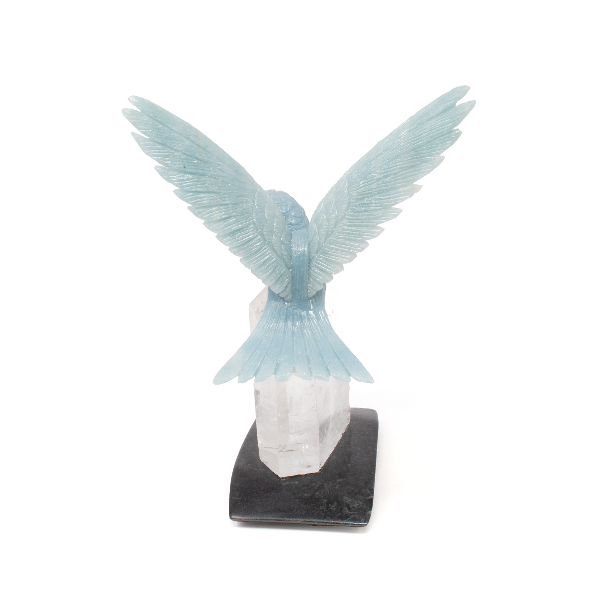 Blue Calcite Hummingbird Carving Perched on Quartz Crystal Point Vertical