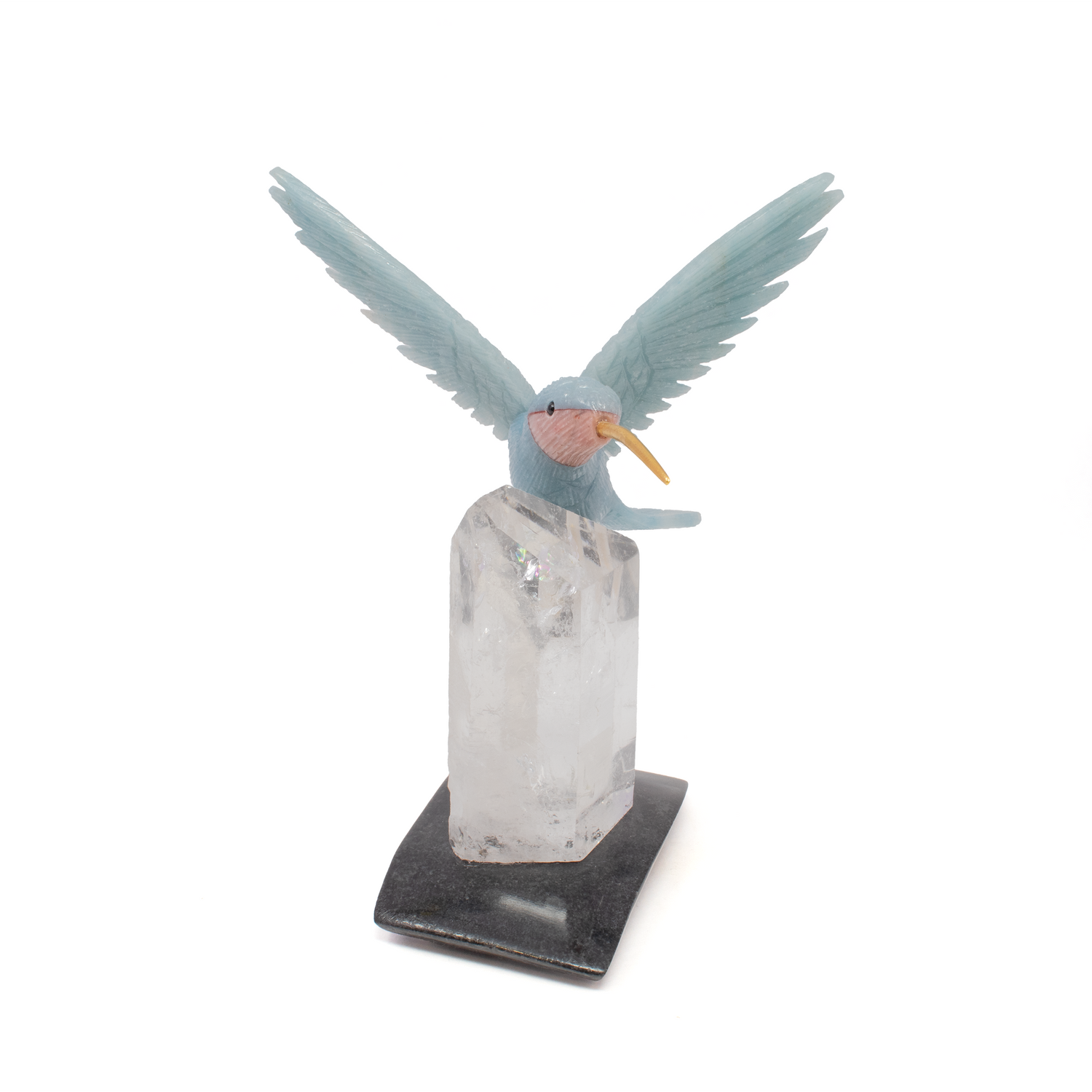 Blue Calcite Hummingbird Carving Perched on Quartz Crystal Point Vertical