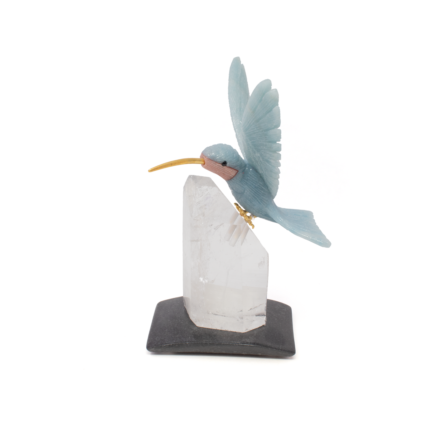 Blue Calcite Hummingbird Carving Perched on Quartz Crystal Point Vertical