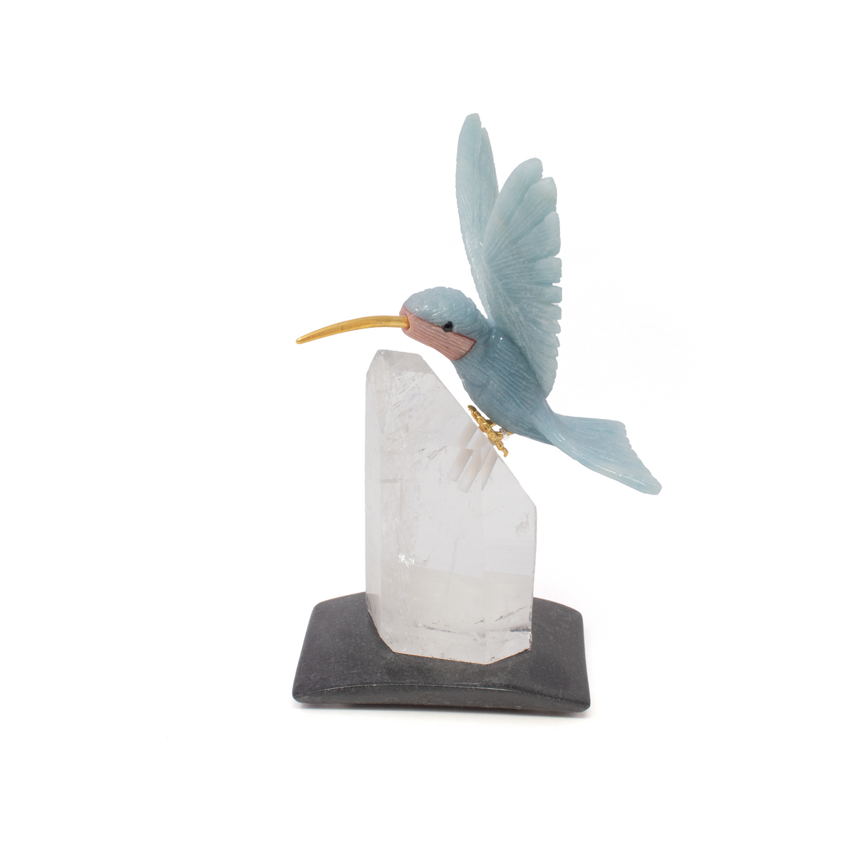 Blue Calcite Hummingbird Carving Perched on Quartz Crystal Point Vertical
