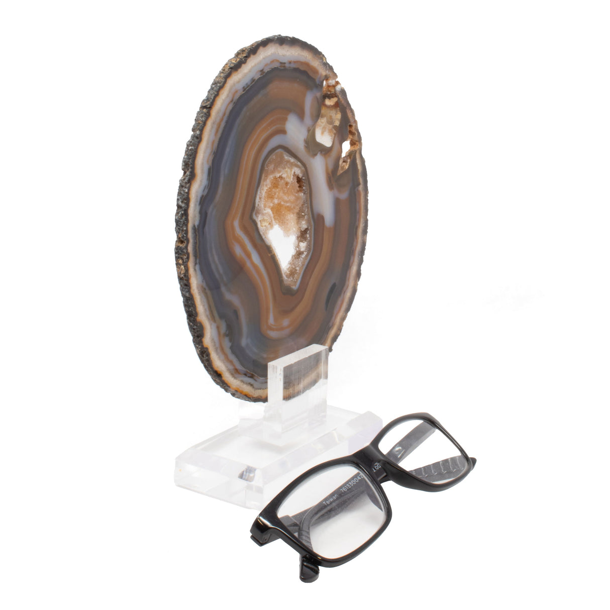Agate Druze Slice On Acrylic Screw Stand - Densely Banded Blues & Browns with Exterior Geode Inclusions