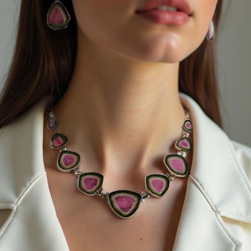 Watermelon Tourmaline Necklace - 11 Flat Cut Freeforms Cascading From Smallest To Largest with 925 Sterling Silver Bezels