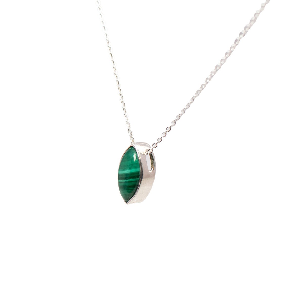 Malachite Necklace - Sharp Oval Cabochon Pendant with 18" 925 Sterling Silver Chain & Bezel