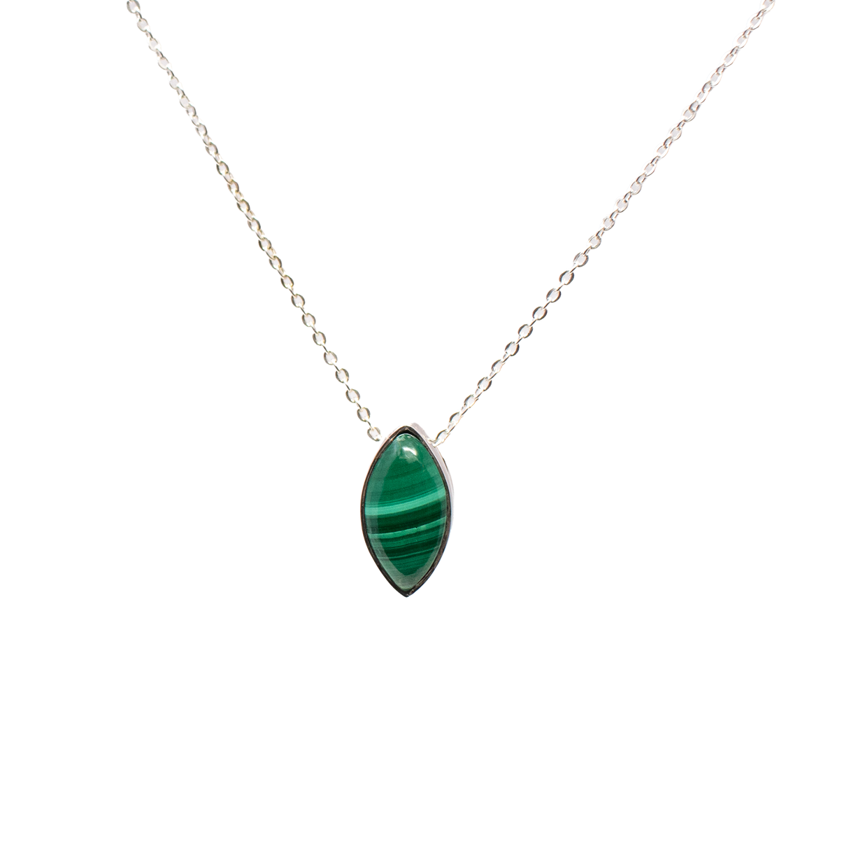 View of Malachite Necklace - Sharp Oval Cabochon Pendant with 18\" 925 Sterling Silver Chain & Bezel