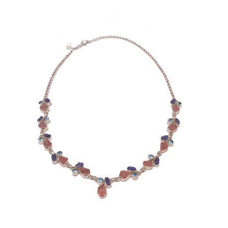View of Rose Quartz Necklace - 11 Rough Freeforms with 11 Rough Tanzanite Nuggets & 11 Faceted Blue Topaz Rounds - 925 Sterling Silver Bezels