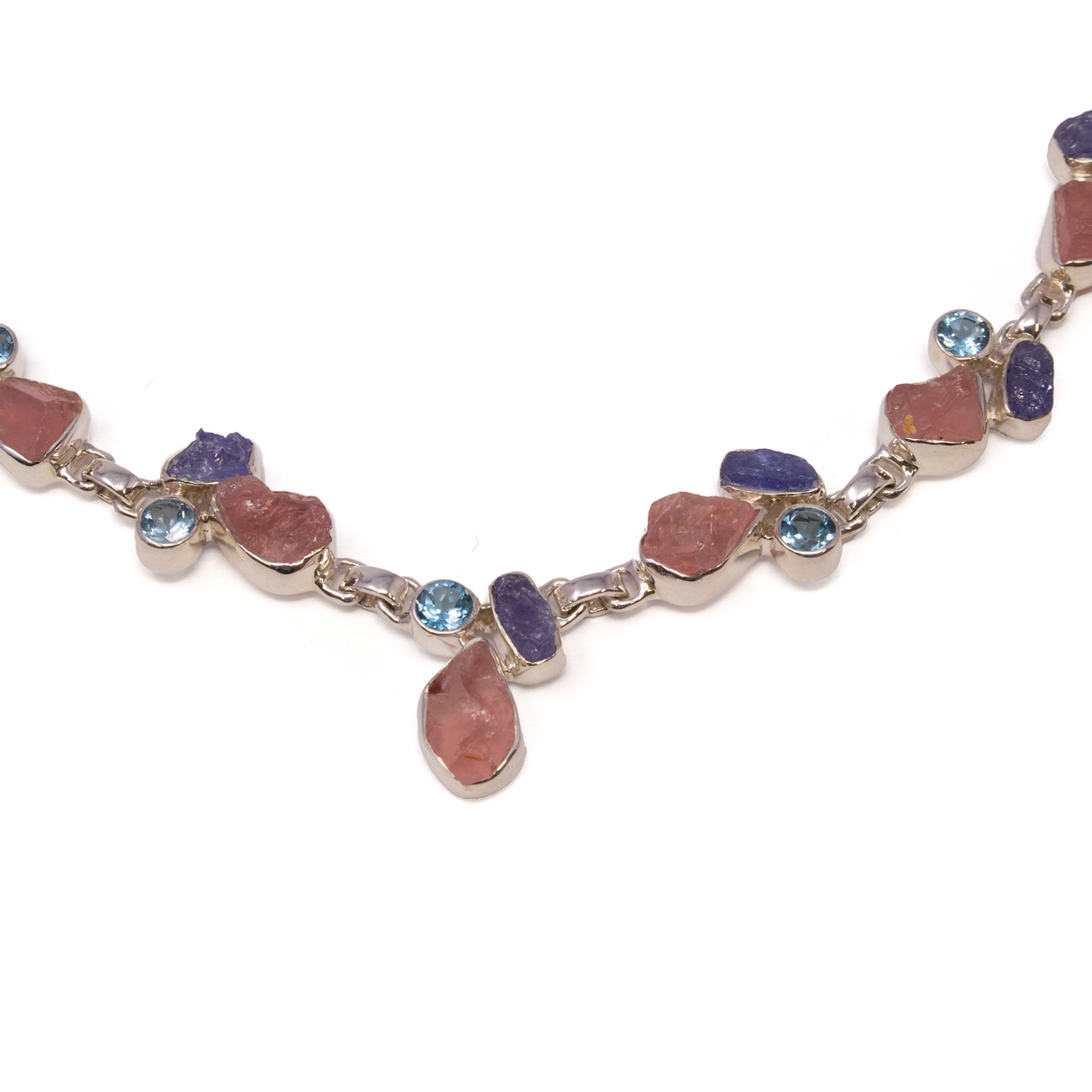 Rose Quartz Necklace - 11 Rough Freeforms with 11 Rough Tanzanite Nuggets & 11 Faceted Blue Topaz Rounds - 925 Sterling Silver Bezels