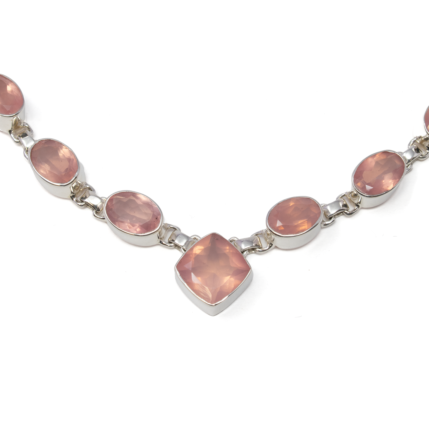 Rose Quartz Necklace - 10 Faceted Ovals with 2 Faceted Pears & 1 Faceted Diamond Set Square Centerpiece - Tall 925 Sterling Silver Bezels