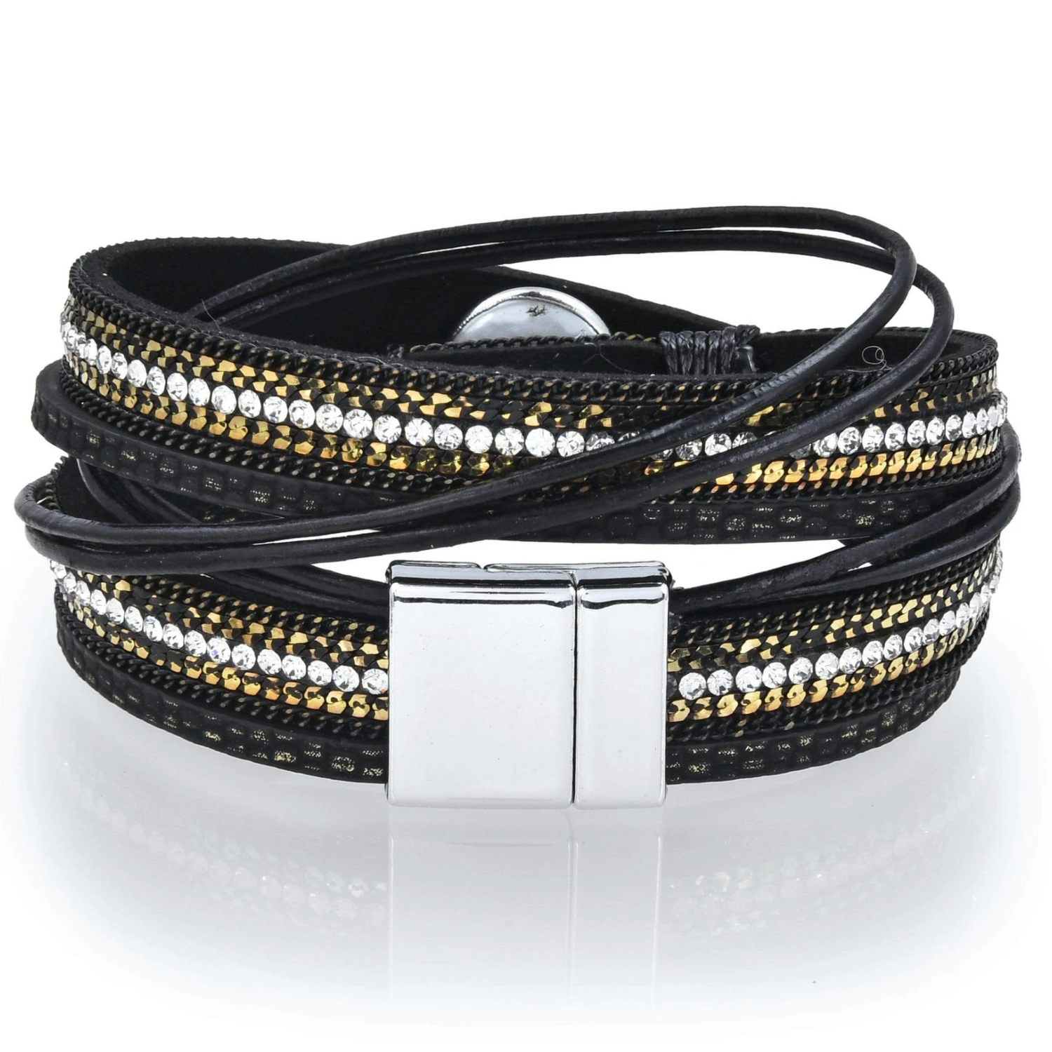 Black Leather Double Wrap Bracelet with Coin Pearl Feature & 5 Pearl Sequence with Magnetic Clasp