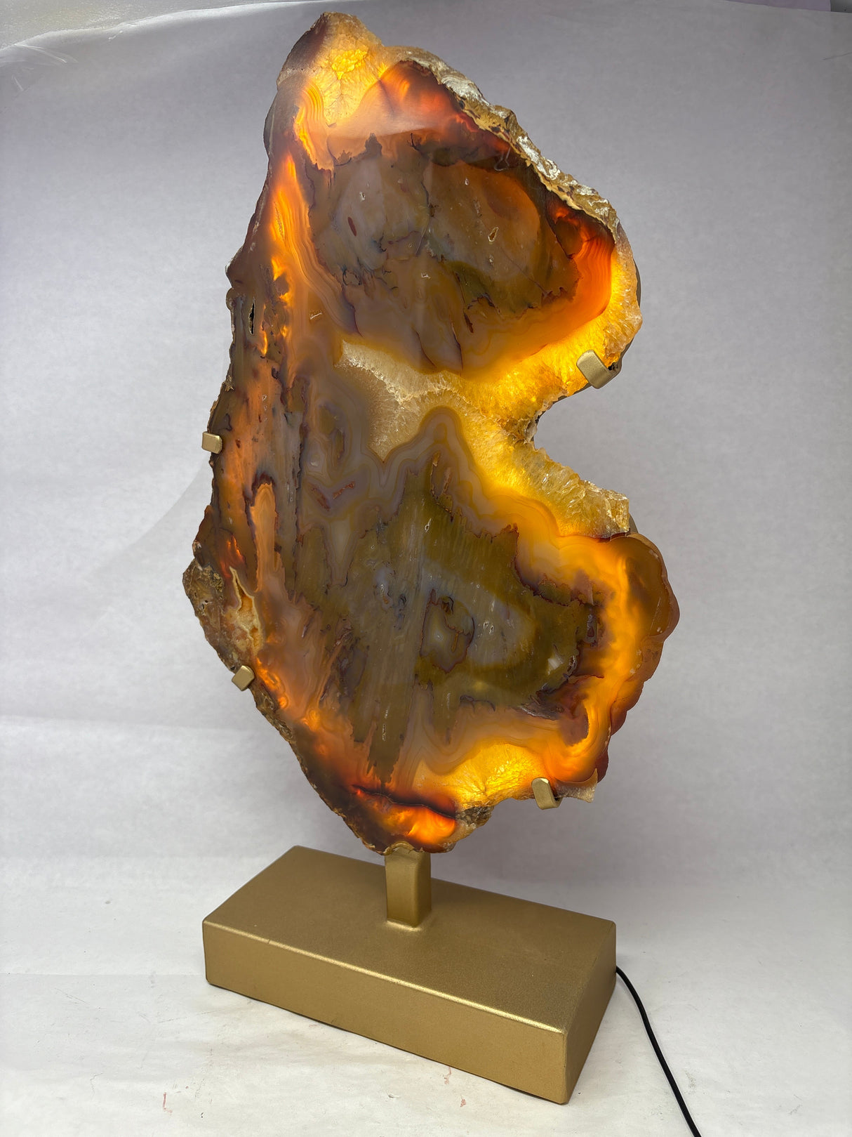 Carnelian Agate Slice On Illuminated Table Stand - Gold Rectangle
