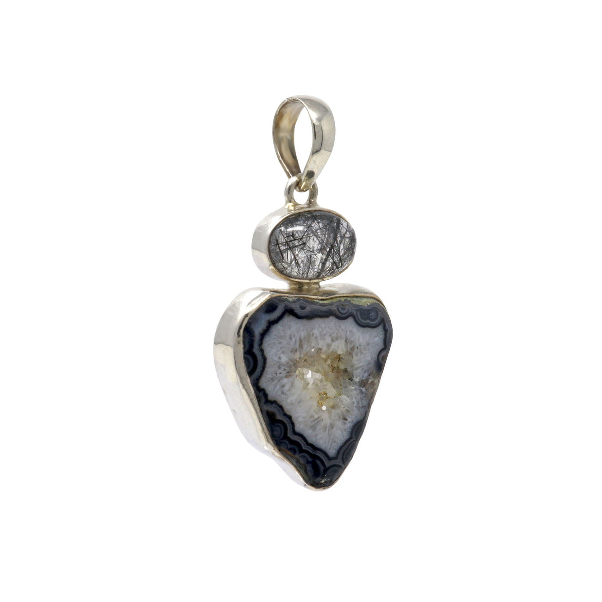 Black with White & Gray Agate Geode Pendant with Black Tourmalated Quartz Oval on Top