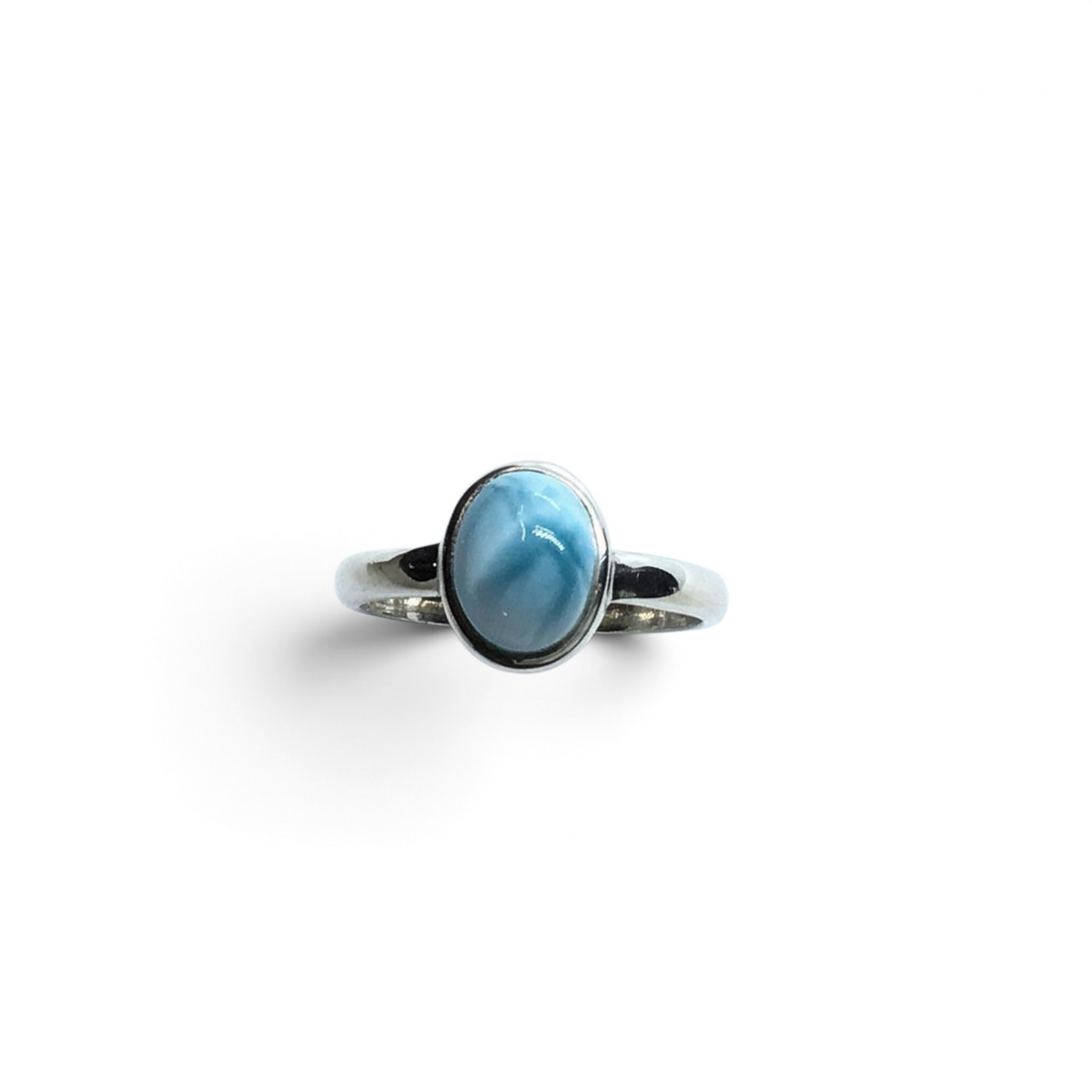 Rare Earth Gallery oval larimar ring featuring a cambered cabochon stone set in a polished 925 sterling silver bezel.