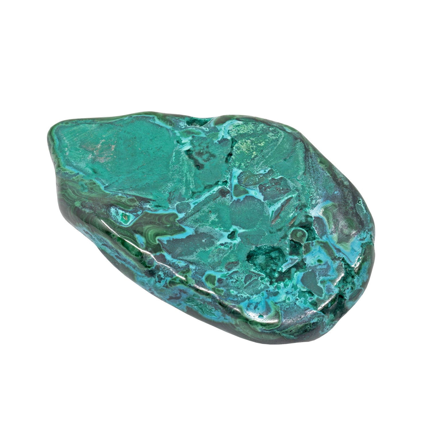Chrysocolla Malachite Freeform Polished - Flowering Around Eyes on the Main Face on Lucite Stand