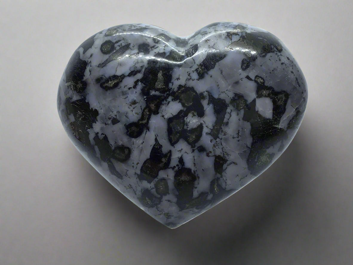 Indigo Gabbro Heart aka Merlinite on Lucite Stand