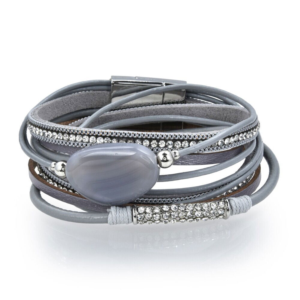 Gray Agate Coin Multi Wrap Bracelet Double - Large with Magnetic Clasp