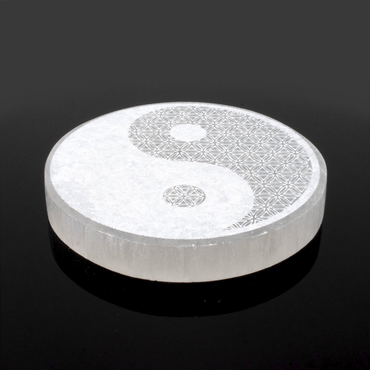 Engraved Selenite Disc - Yin Yang with Flower Of Life from Morocco - Sacred Geometry