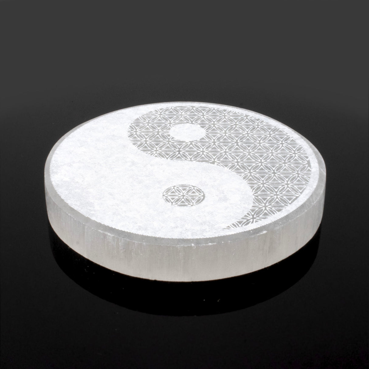 Engraved Selenite Disc - Yin Yang with Flower Of Life from Morocco - Sacred Geometry