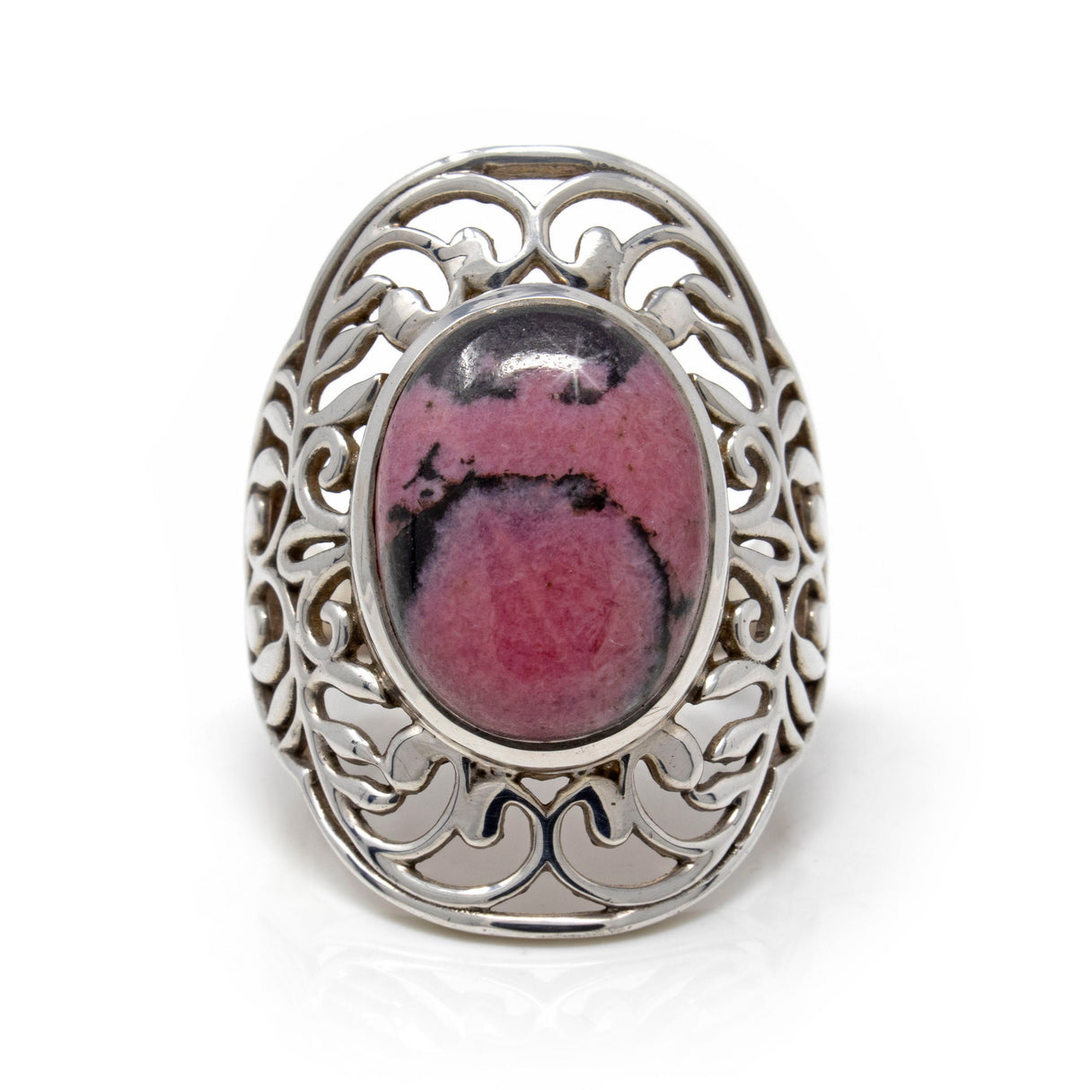 Rhodonite Ring - Oval with Filigree Saddle Band Size 8