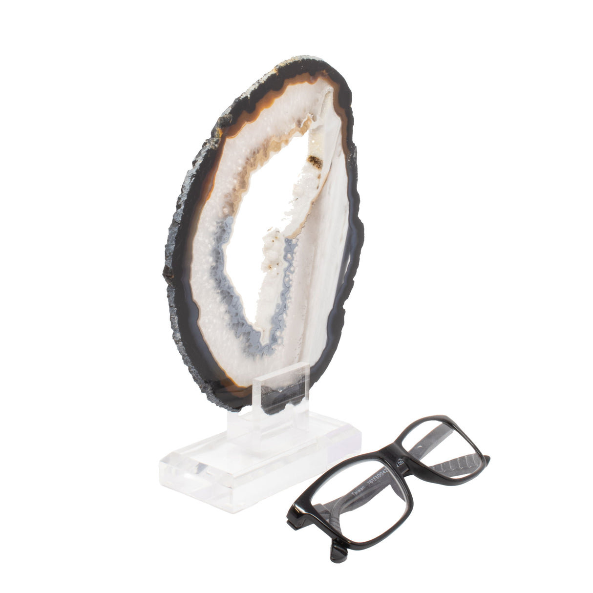 Agate Druze Slice on Acrylic Screw Stand - Dark Edge Layer with Fine Tubular Pattern in Dual Blue & Café